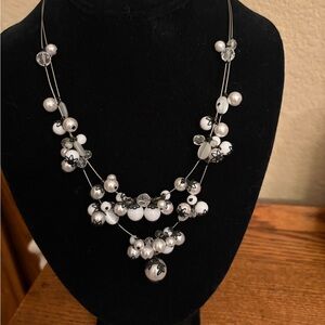 Elegant Silver Tone Faux Pearl and White Beaded Two-Layer Wire Necklace
